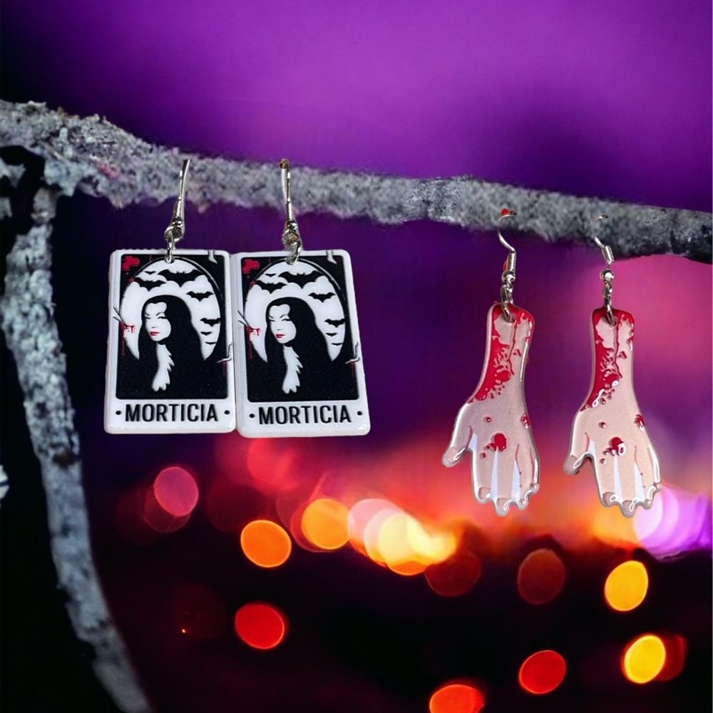 New 2 pair bundle Morticia Adams Family horror severed hand Halloween earrings